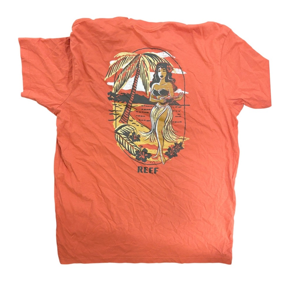 Reef Mens Orange Hula Girl Graphic T-Shirt Large Tropical Surf Tee Sz L